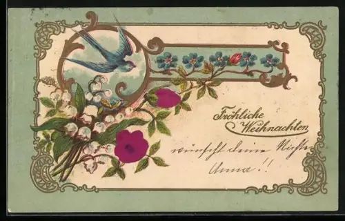 Stoff-Präge-AK Schwalbe mit Vergissmeinnicht, Schneeglöckchen und Rosen, Fröhlicht Weihnachten