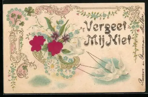Stoff-Präge-AK Tauben ziehen einen Blumenwagen mit Veilchen, Vergissmeinnicht und Rosen
