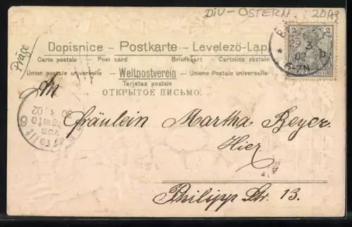 AK Osterhase auf einem Schlitten, Blumen und Osterei aus echtem Stoff