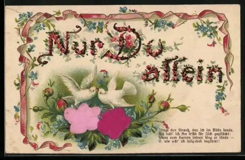 Stoff-Präge-AK Nur Du allein, Blumen und Tauben