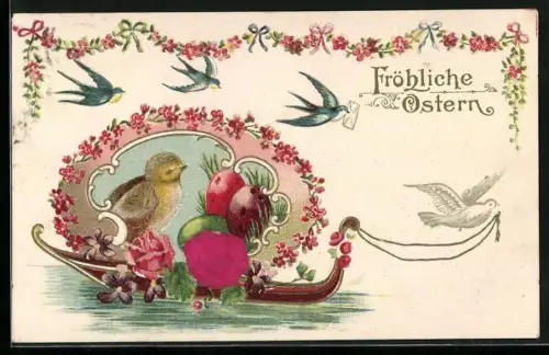 AK Boot mit Ostereiern und Küken, Fröhliche Ostern