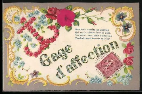 Stoff-Präge-AK Anker aus Rosen mit Vergissmeinnicht, Gage d`affection