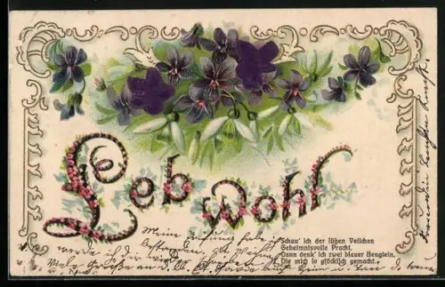 Stoff-Präge-Lithographie Lebwohl, Veilchen mit Mistelzweigen, geprägt