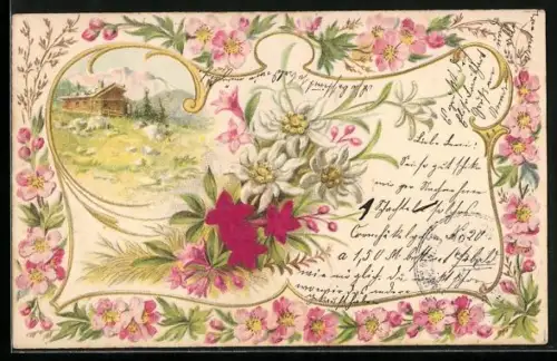 Präge-AK Blumengruss mit Edelweiss und Alpenrosen