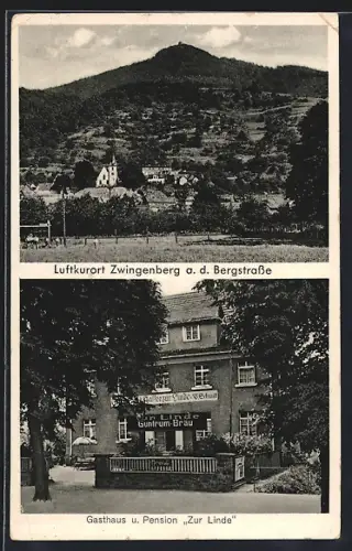 AK Zwingenberg / Bergstrasse, Gasthaus & Pension Zur Linde, Ortsansicht