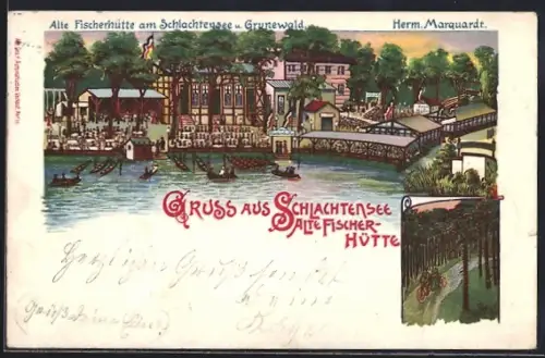 Lithographie Berlin-Schlachtensee, Alte Fischerhütte u. Grunewald, Waldpartie mit Radfahrern