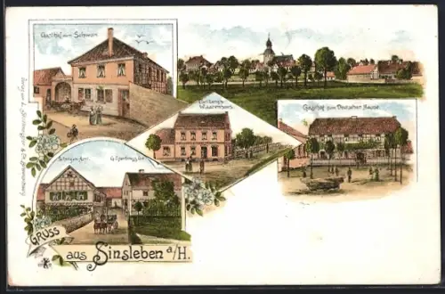 Lithographie Sinsleben, Gasthof zum Schwan, Carl Lenz`s Warenhaus, G. Sperlings Gut, Gasthof zum Deutschen Haus
