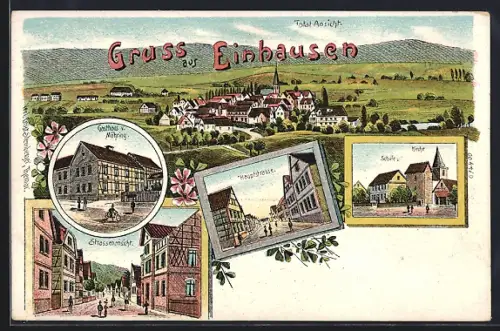 Lithographie Einhausen / Thür., Gasthaus v. Möhring, Schule, Kirche, Hauptstrasse, Radfahrer