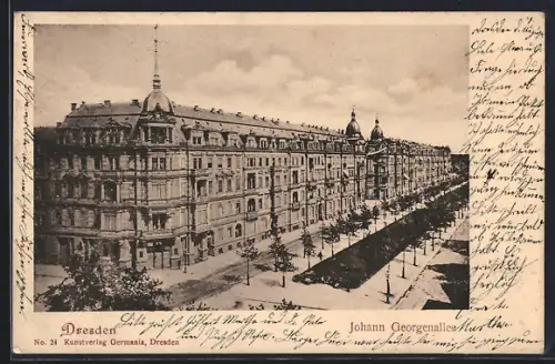 AK Dresden, Strassenblick auf die Johann-Georgen-Allee aus der Vogelschau
