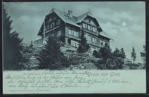 Mondschein-AK Graz, Schöcklhaus im Vollmondlicht