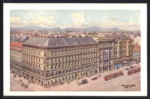 Künstler-AK Wien, Warenhaus Herzmansky mit Strassenbahnen aus der Vogelschau