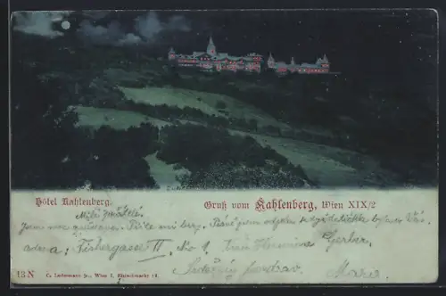Mondschein-AK Wien, Hôtel Kahlenberg bei Nacht mit Lichtern in den Fenstern