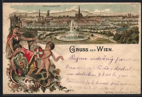 Lithographie Wien, Totalansicht mit Springbrunnen, Austria und Kinder mit Wappen