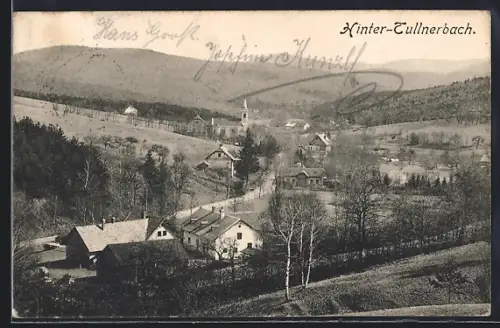 AK Hinter-Tullnerbach, Totalansicht mit Strasse und Umgebung aus der Vogelschau