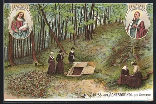 Lithographie Wien, Gasthaus Agnesbründl bei Sievering, Geheimeingang im Wald