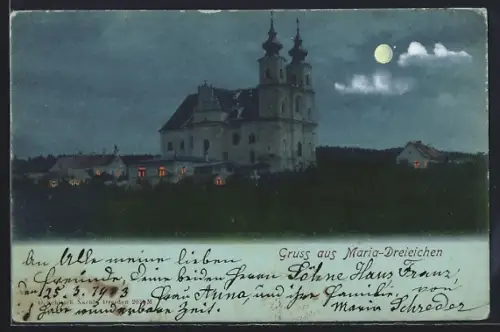 AK Maria-Dreieichen, Ortspanorama mit Kirche u. beleuchteten Fenstern bei Vollmond
