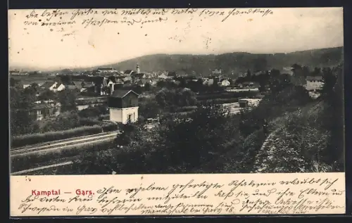 AK Gars am Kamp, Kamptal, Ortsansicht mit Bahnschinen aus der Vogelschau