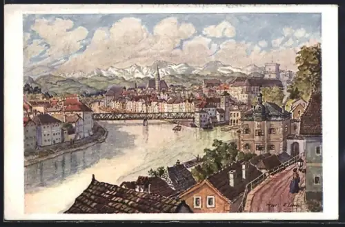 Künstler-AK Steyr, Teilansicht mit Brücke