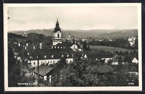 AK Wilhering, Totalansicht mit Kirchturm aus der Vogelschau