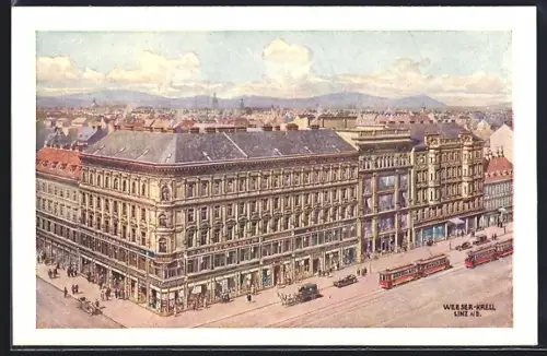 Künstler-AK Wien, Warenhaus Herzmansky mit Strassenbahnen aus der Vogelschau