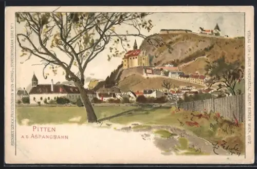 Lithographie Pitten a. d. Aspangbahn, Ortspanorama mit Bergblick