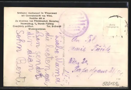 AK Wien, Dreimarkstein, Kaffee Restaurant Häuserl am Roan J. Bodenstein, Weidlingbach 58, Ansicht m. Umgebung, Turm