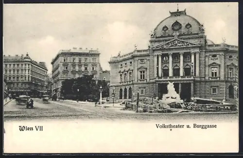AK Wien, Volkstheater und Burggasse mit Brunnen