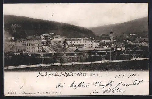 AK Purkersdorf-Kellerwiese /N.-Oe., Teilansicht mit Kirche und Strassenpartie