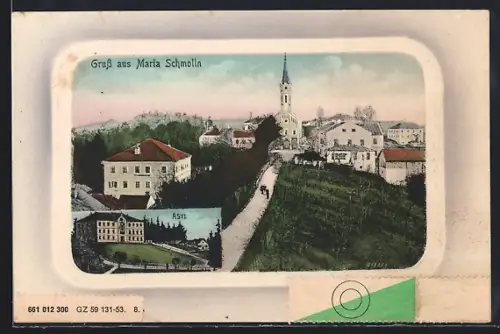 AK Maria Schmolln, Teilansicht mit Kirche, Ansicht vom Asyl