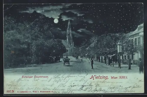 Mondschein-AK Wien, Hietzing, Hietzinger Hauptstrasse mit Kirche
