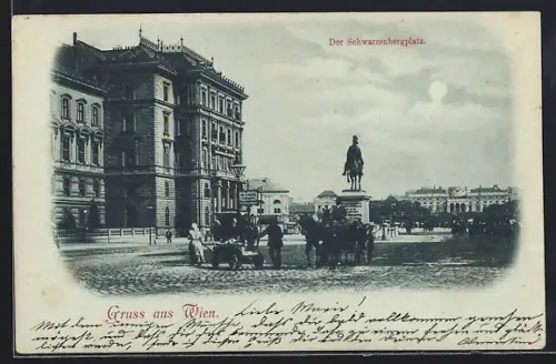 Mondschein-AK Wien, Schwarzenbergplatz mit Denkmal