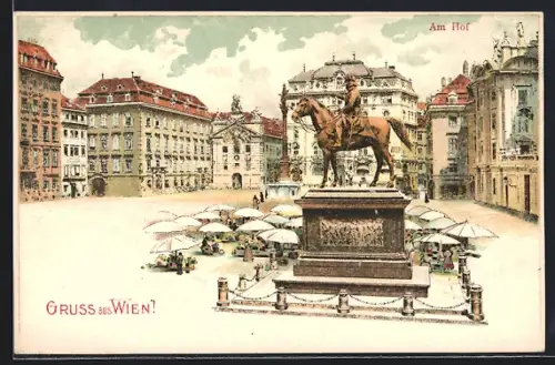 Lithographie Wien, Am Hof, mit Denkmal