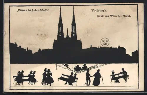 Künstler-AK Wien, Votivkirche und Votivpark bei Mondschein, Küssen ist keine Sünd, Schattenbild