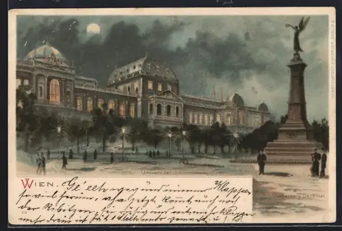 Lithographie Wien, Universität und Liebenberg-Denkmal in der Dämmerung, mit goldenem Mond