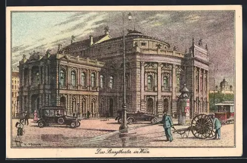 Lithographie Wien, Burgtheater mit Strassenbahn