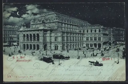 Mondschein-AK Wien, K. k. Hof-Operntheater mit Pferdebahn im Winter