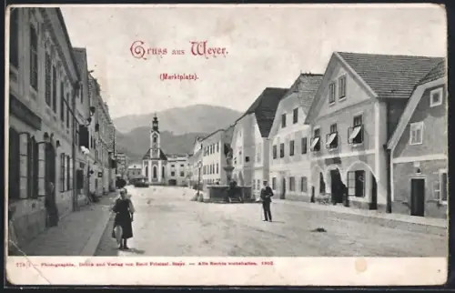 AK Weyer, Kirche am Marktplatz mit Brunnen