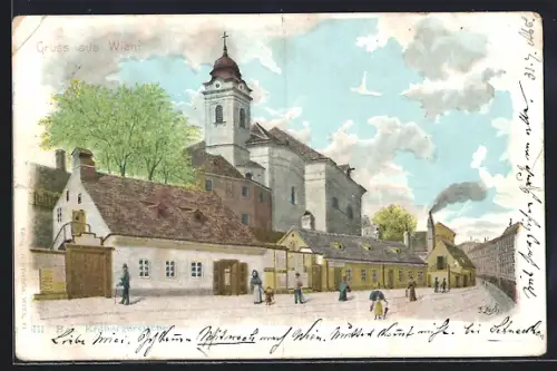 Lithographie Wien, Erdbergerkirche mit Strassenpartie