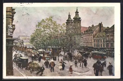 Künstler-AK Wien, Landstrasse, Hauptstrasse mit Kirche