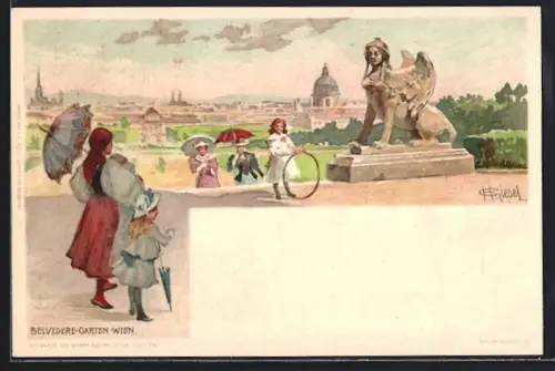 Lithographie Wien, Spaziergänger im Belvedere-Garten