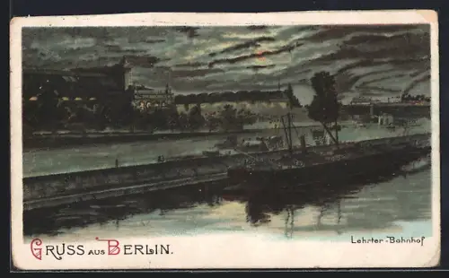 AK Berlin-Tiergarten, Lehrter Bahnhof, Fluss, Schiffe, Abendstimmung