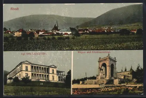 AK Rhodt, Ortsansicht, Kgl. Villa Ludwigshöhe, Sieges- und Friedensdenkmal