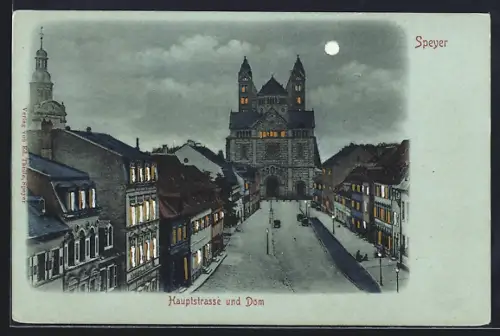 Mondschein-AK Speyer, Hauptstrasse und Dom