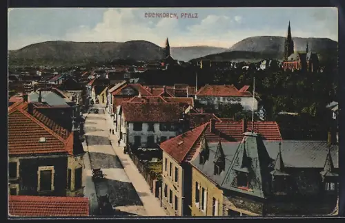 AK Edenkoben /Pfalz, Stadtansicht mit Kirche und umliegenden Bergen