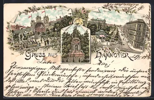 Lithographie Hannover, Krieger-Denkmal, Tivoli, Georgstrasse