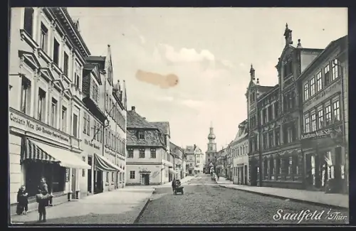 AK Saalfeld i. Thür., Buchhandlung Constantin Niese, Uhmacher Otto Fischer und Druckerei Karl S.