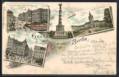 Lithographie Berlin, Siegesdenkmal, Königliches Schloss, Unter den Linden