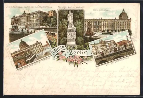 Lithographie Berlin, Königl. Schloss, Denkmal Königin Luise, Café Helms, Kurfürstenbrücke