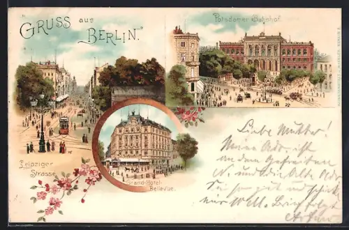 Lithographie Berlin, Leipziger Strasse, Potsdamer Bahnhof, Grand-Hotel Bellevue