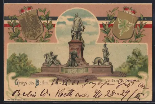 Lithographie Berlin, Bismarck-Denkmal, Wappen